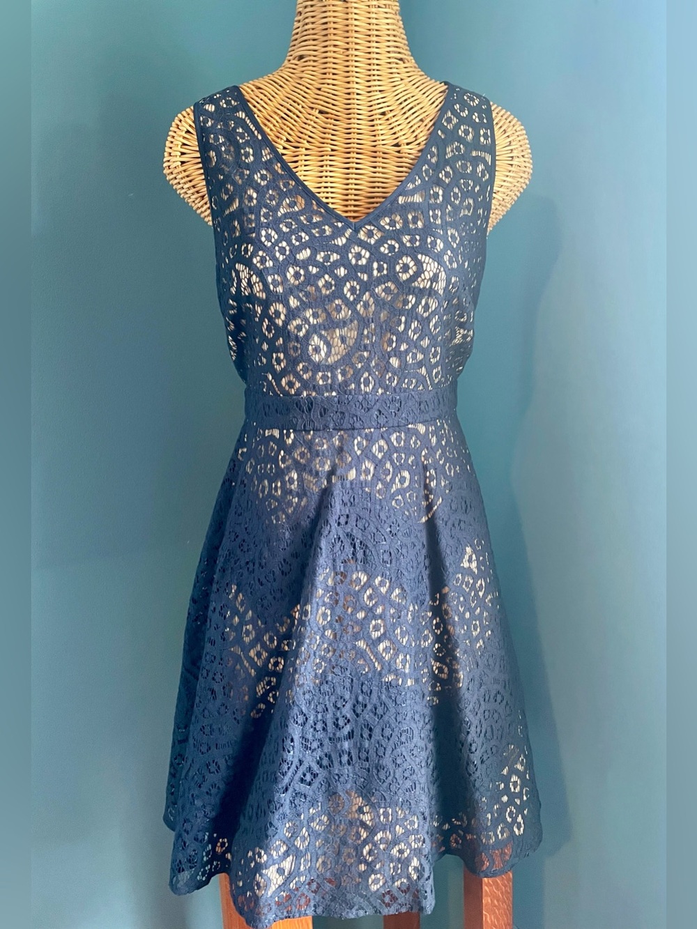 The Limited Navy Blue Lace Overlay Fit & Flare Dress V-Neck Cocktail Size 10P